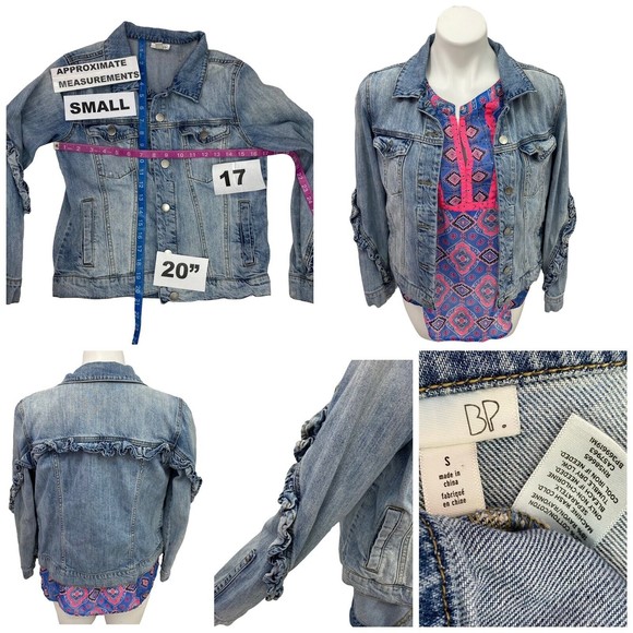 BP Womens Ruffle Denim Jacket Top Combo Size Small Blue Pink Pockets - Picture 5 of 12